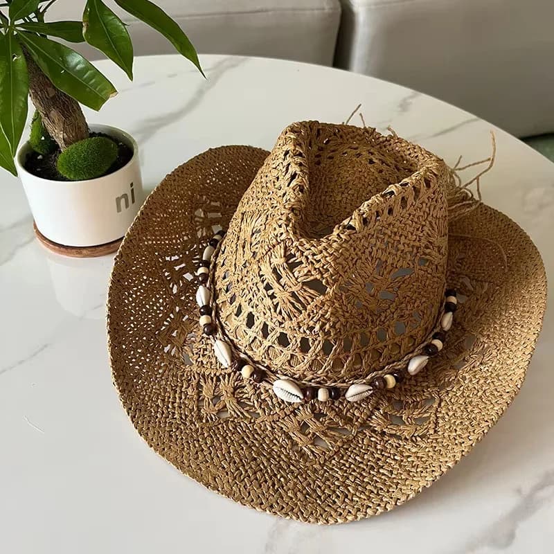 Chapeau de soleil vintage 2026 style bohème en paille pour femme et homme, avec coquillages, perles