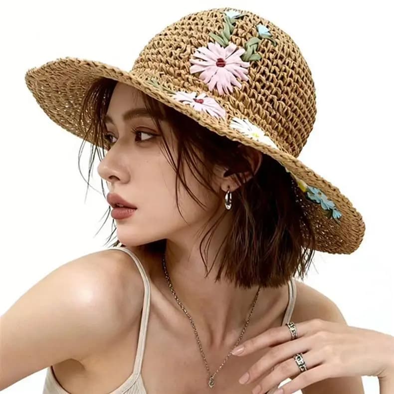 Chapeaux de paille colorés à fleurs pour femmes, style bohème, brodés, pliables, coréens, ajourés, p