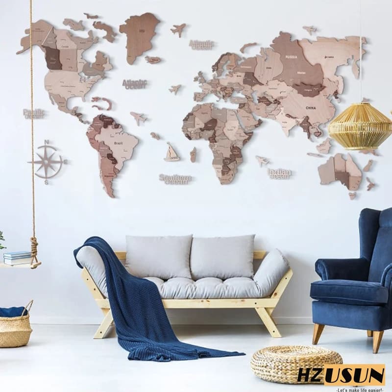 Atlas du Monde en Bois Acrylique 3D Solide, Autocollants Muraux pour Chambre, Salon, Salle de Classe
