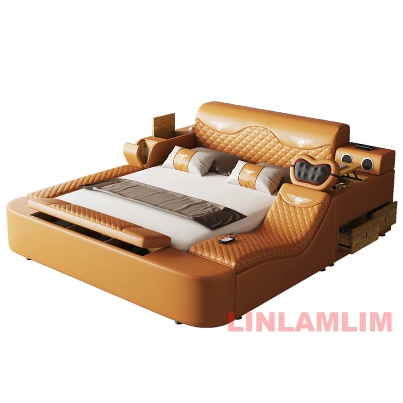 Lit tout-en-un, lit en cuir véritable taille King/Queen avec rangement, haut-parleur, éclairage LED