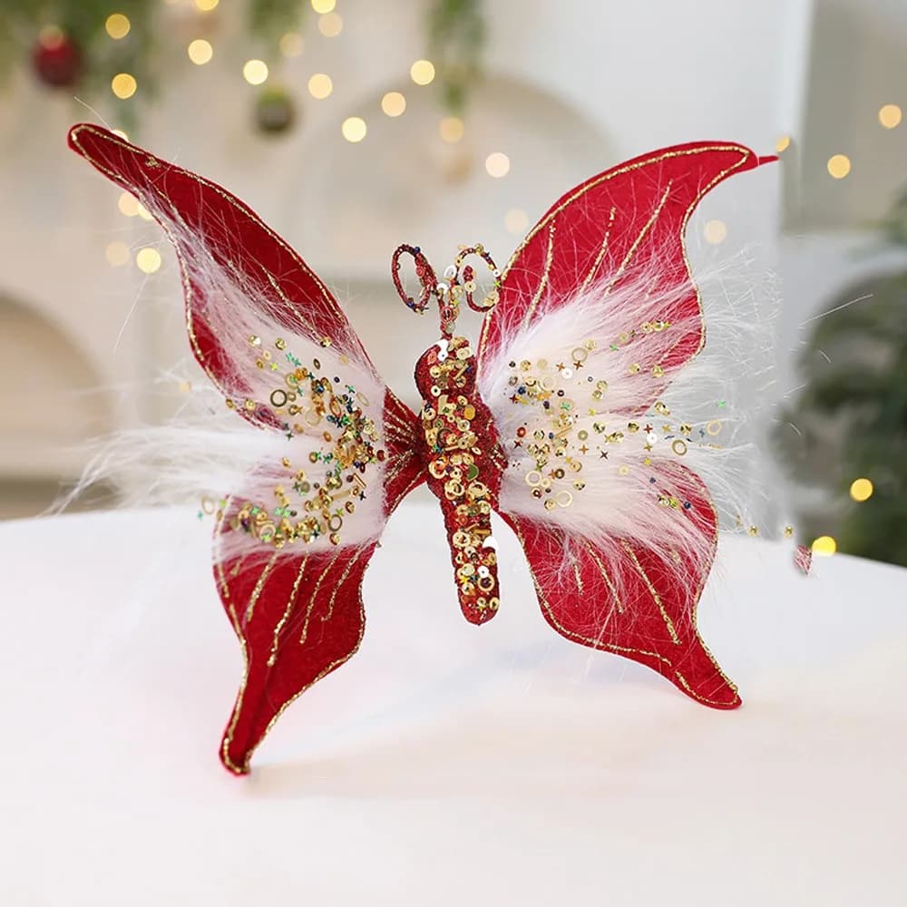 Papillons de noël à paillettes scintillantes, ornements avec Clip, papillon artificiel suspendu, réu
