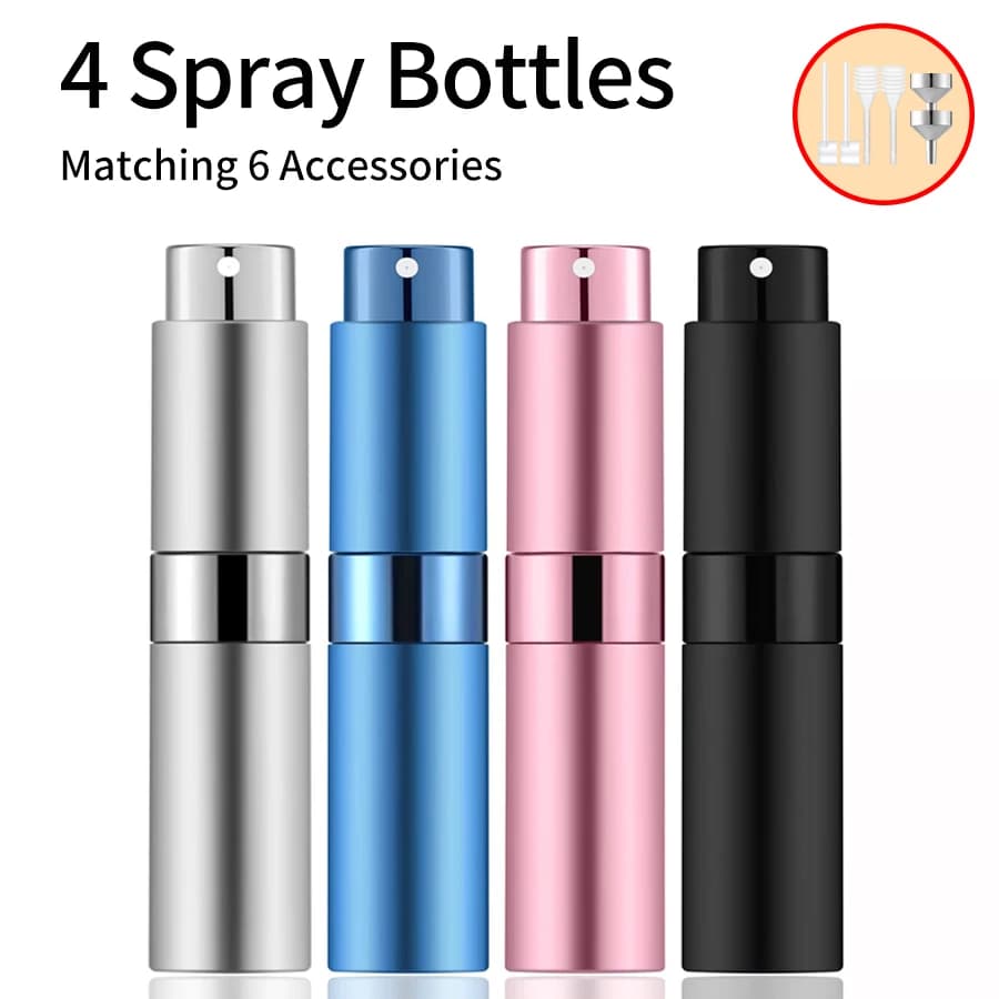 Atomiseur de parfum rechargeable avec 5 flacons pulvérisateurs, 2 entonnoirs en aluminium, 2 manigan