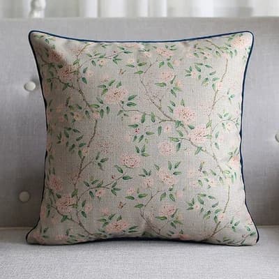 Housse de coussin réversible 45x45cm, coton-lin rétro à motif floral sur le devant et velours bleu f