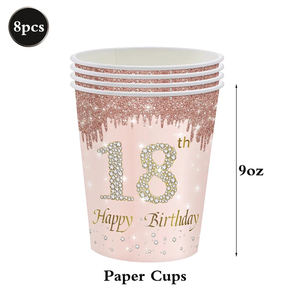 Décorations pour le 18e anniversaire des filles, assiettes, serviettes, gobelets, nappe en or rose,