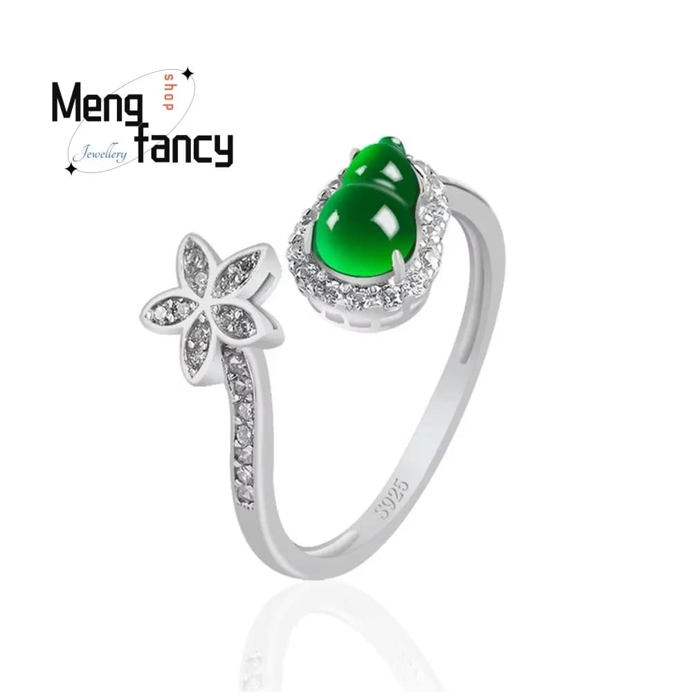 Bague en argent S925 incrustée d'argent naturel A-goods, gourde en jadéite, glace verte ensoleillée,