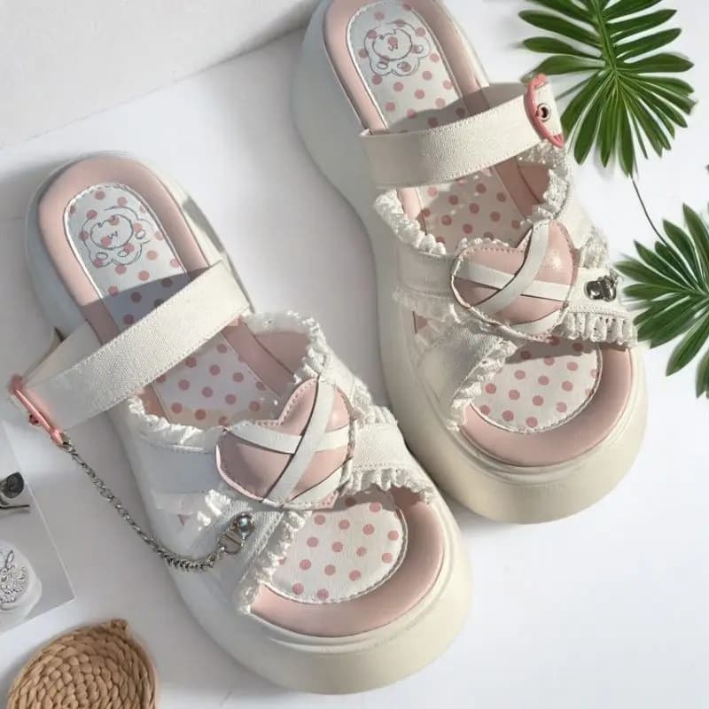 Chaussures Lolita pour femmes, sandales plates en Patchwork à pois, pantoufles de plage souples pour