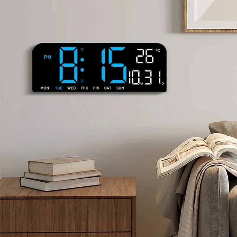 Grande horloge murale numérique de 9 pouces alimentée par USB, température, Date, semaine, compte à