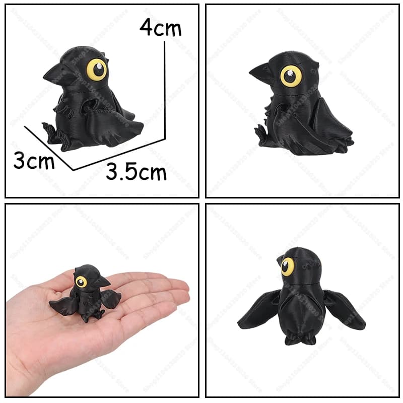 Figurine de Corbeau à Ailes Mobiles - 5 cm, Noir, Décoration d'Oiseau Imprimée en 3D, Ailes Articulé