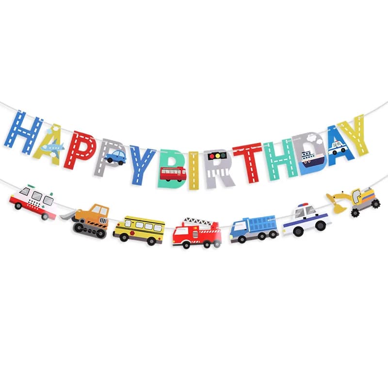 Bannière Joyeux Anniversaire Voiture Dessin Animé pour Enfants Garçons, Guirlande Véhicules de Const