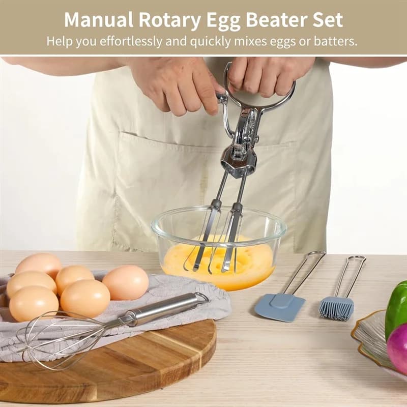 HHO-ensemble de batteur à œufs rotatif avec Rotation manuelle, comprend une brosse et une spatule en