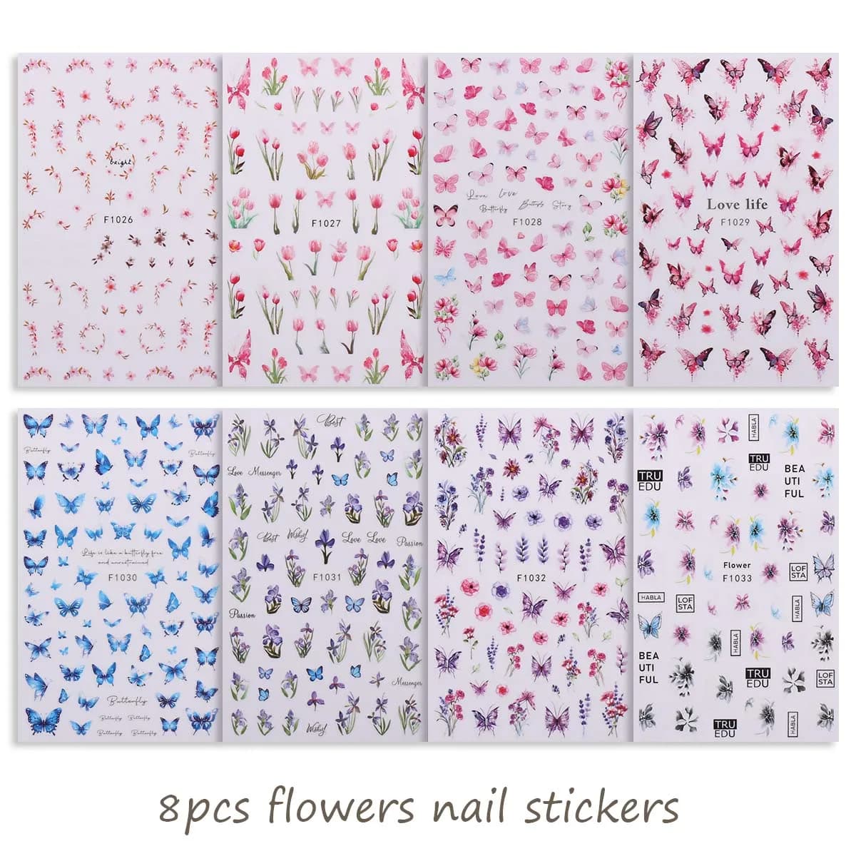 8 autocollants pour ongles printemps-été, motifs floraux, aquarelle, papillons, décorations pour ong