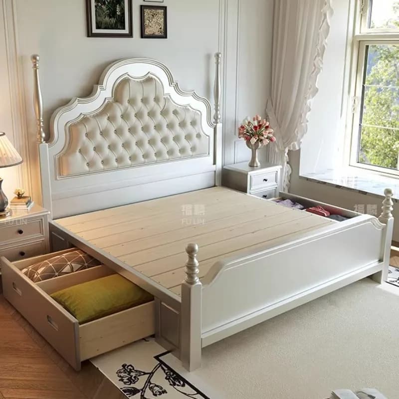 Lit Queen Size rembourré avec cadre élégant, support de jambe de lit esthétique, rangement intégré,