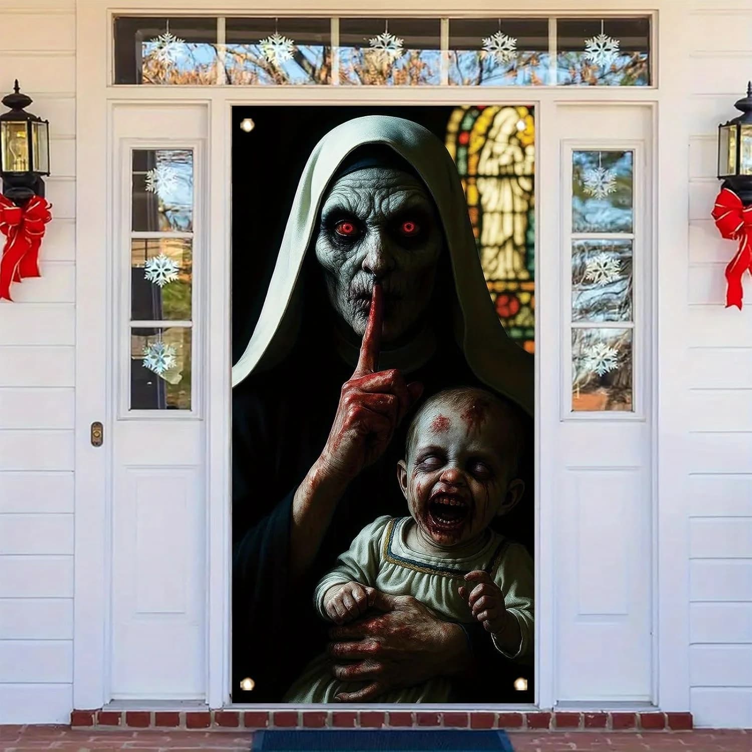 Une décoration de porte d'Halloween, un bannière terrifiuse zombie, monstres eerie, un rideau de por