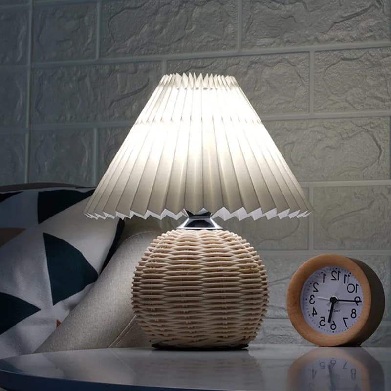 Lampe de Table Vintage en osier avec abat-jour plissé, lampe de chevet, style Boho, en rotin, pour c