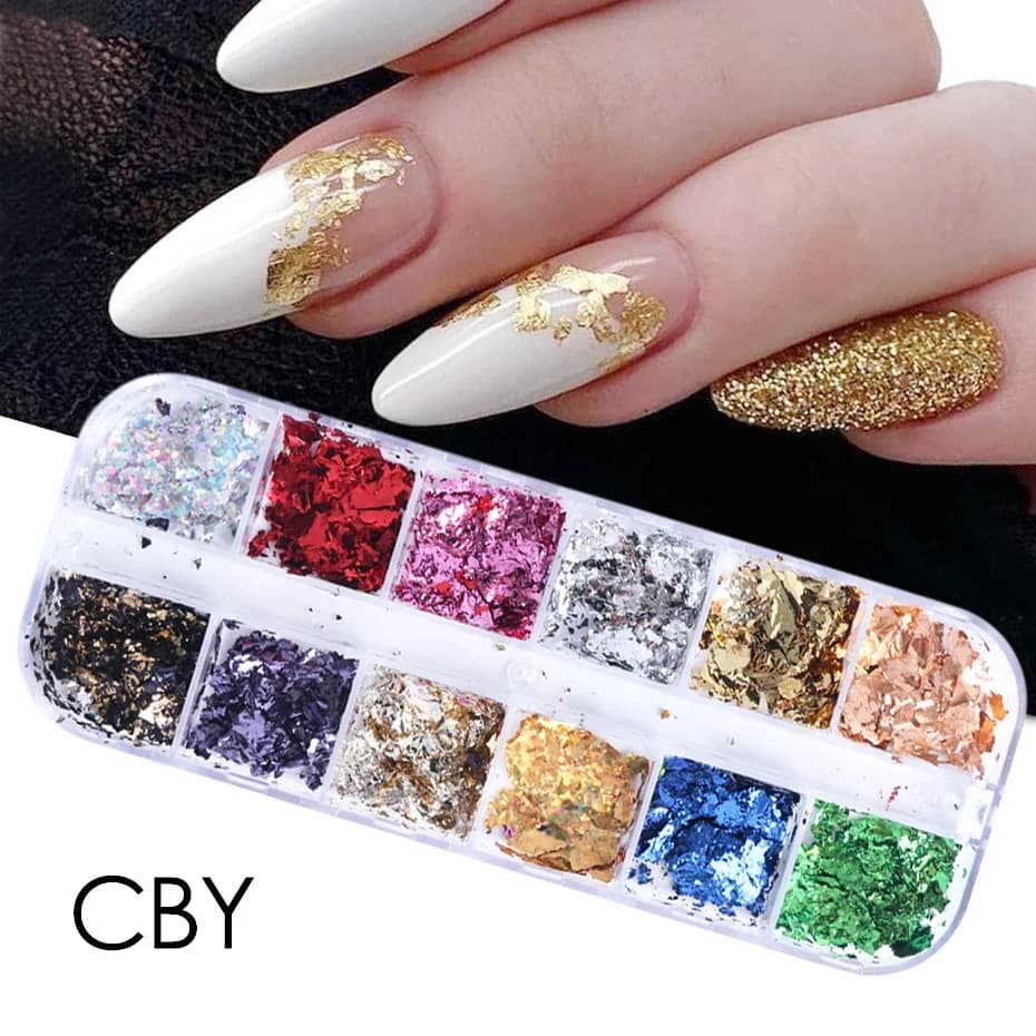 Feuilles d'or pour ongles magnifiques, 12 couleurs, paillettes aléatoires, flocons d'aluminium, puce