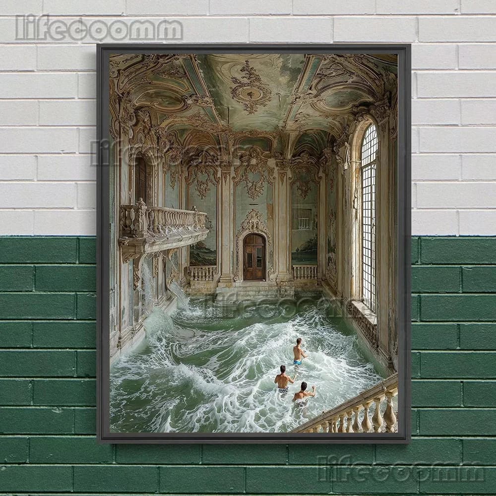 Château et piscine, Art mural fantastique, peinture sur toile, les gens qui surf dans le château, af