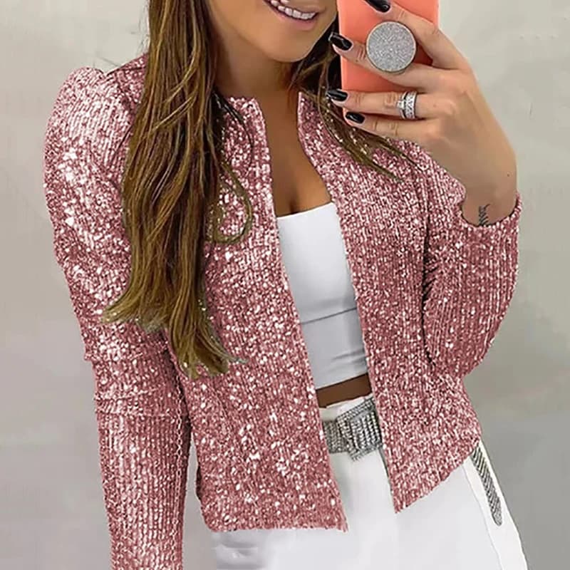 Cardigan à col rond à paillettes pour femmes, haut à manches longues, manteau court uni, mode décont