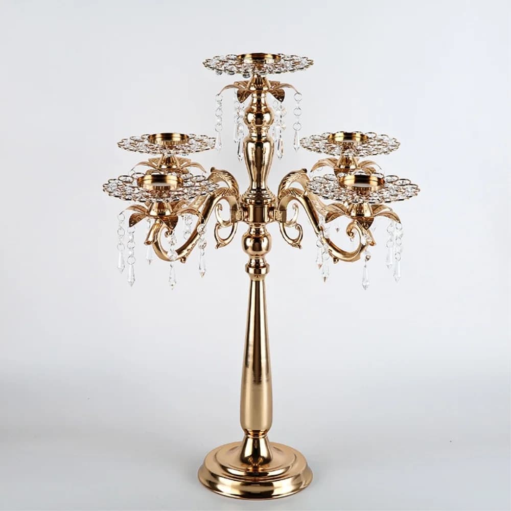 Bougeoirs à 5 bras, candélabres en métal doré, bougeoirs délicats avec pendentifs en cristal, décor