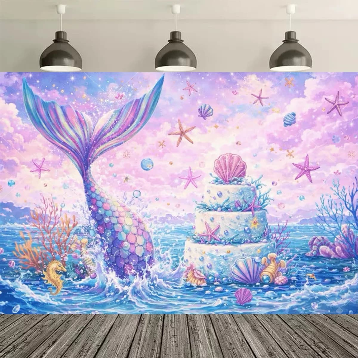 Décor de fête d'anniversaire sur le thème de la sirène, fond de scène avec queue de poisson, monde s