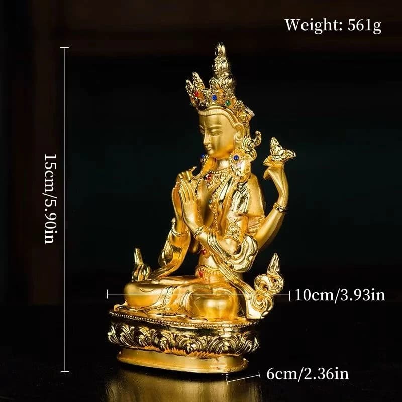 Statue de bouddha Guanyin à quatre bras, article bouddhiste, alliage de Zinc doré, statue décorative