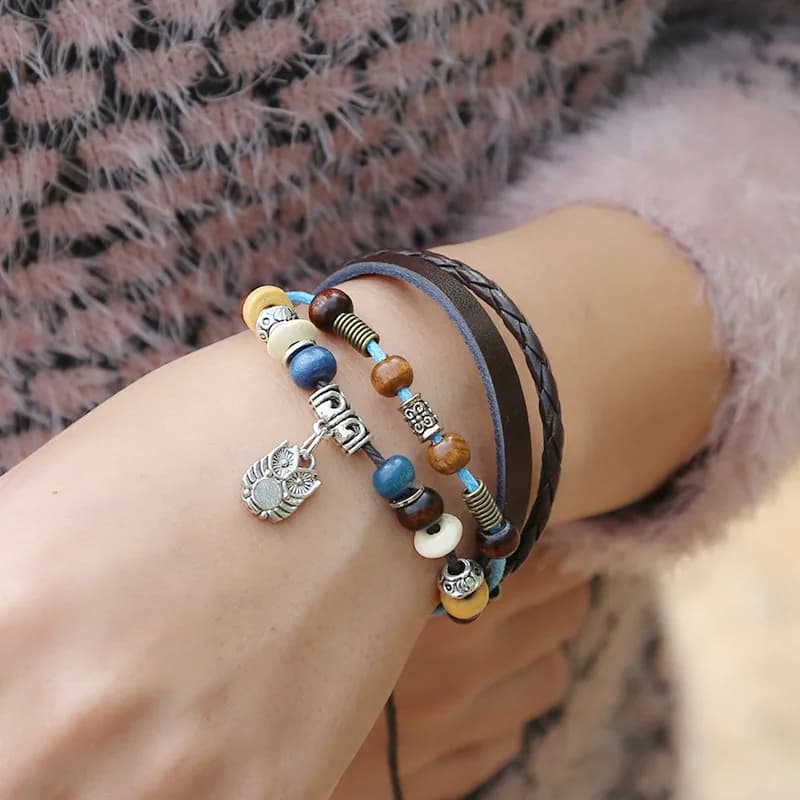 Bracelet bohème en cuir pour hommes, bijoux hibou, réglable, breloque, accessoires Punk, cadeau de f