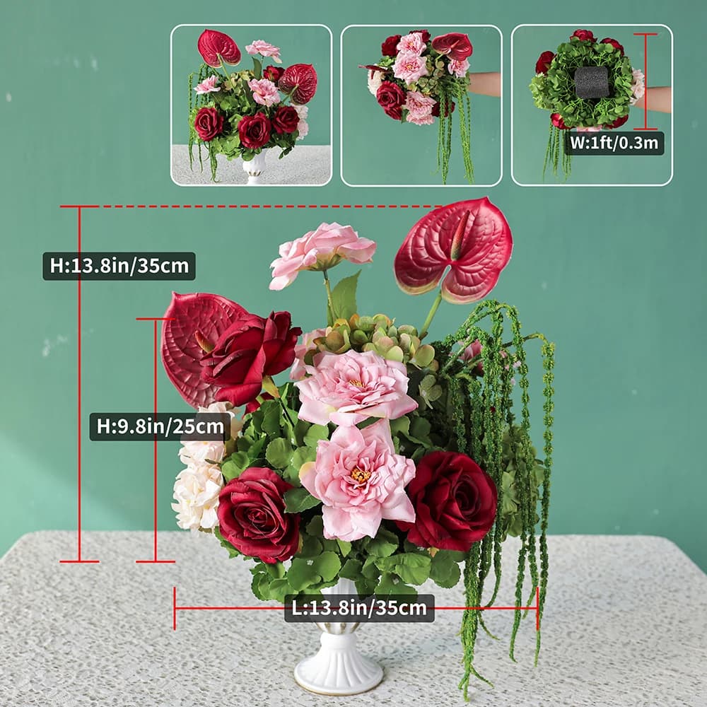 Décoration de mariage de luxe, Rose artificielle bordeaux et Rose, hortensia, Anthurium, Arrangement