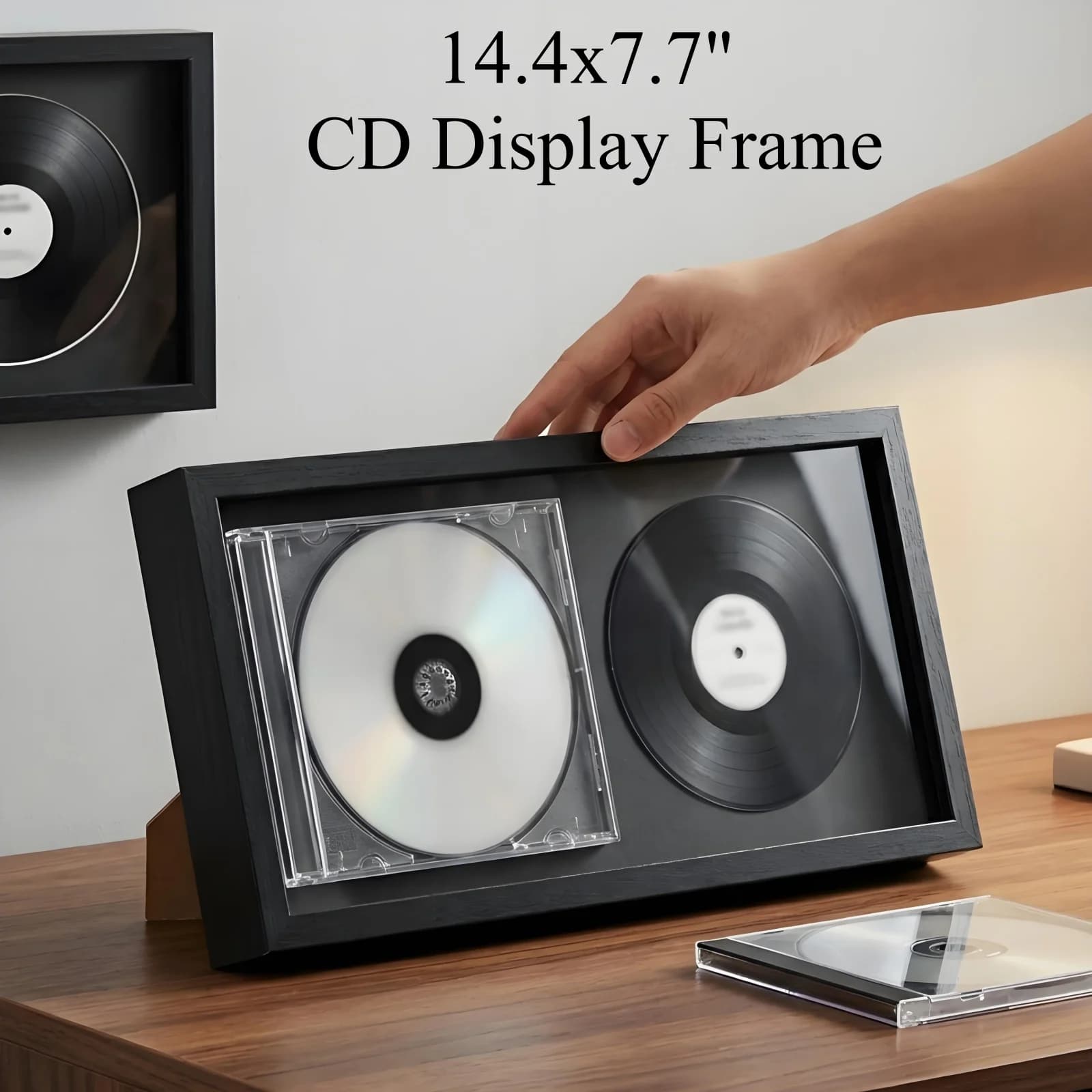 Cadre de présentation CD en bois avec support mural, boîte de rangement pour disques et CD, élégant cadre de présentation CD à double rainure pour studio de musique