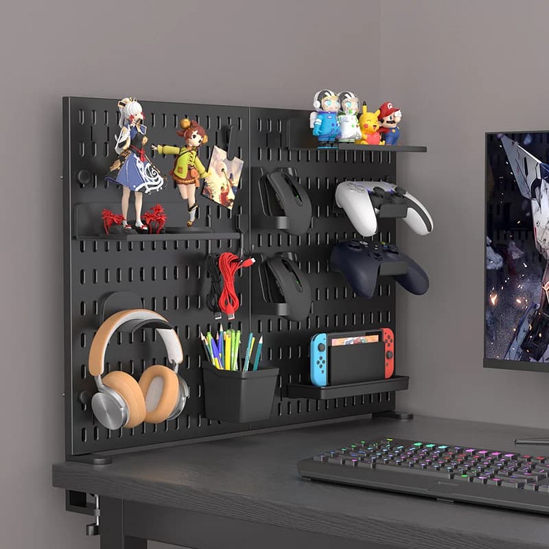 Support organisateur de bureau gaming en pegboard, sans perçage, pour manettes de jeu, casques, figurines, souris, interrupteurs et étagère de présentation
