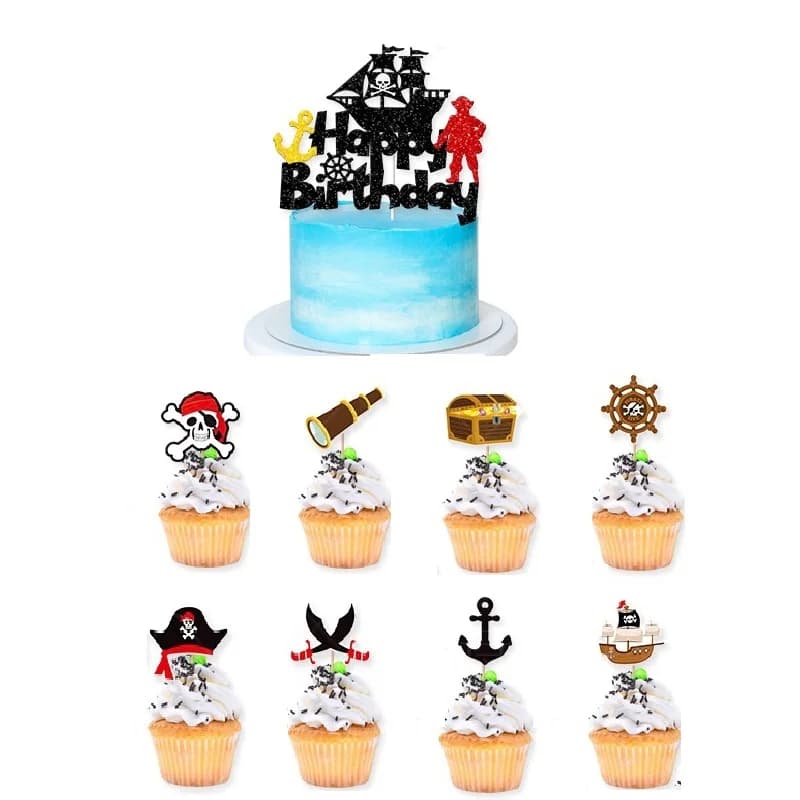 Décoration de gâteau de fête d'anniversaire à thème pirate, inserts de gâteau de joyeux anniversaire pirate, décoration d'anniversaire pour garçons, décoration de gâteau pirate