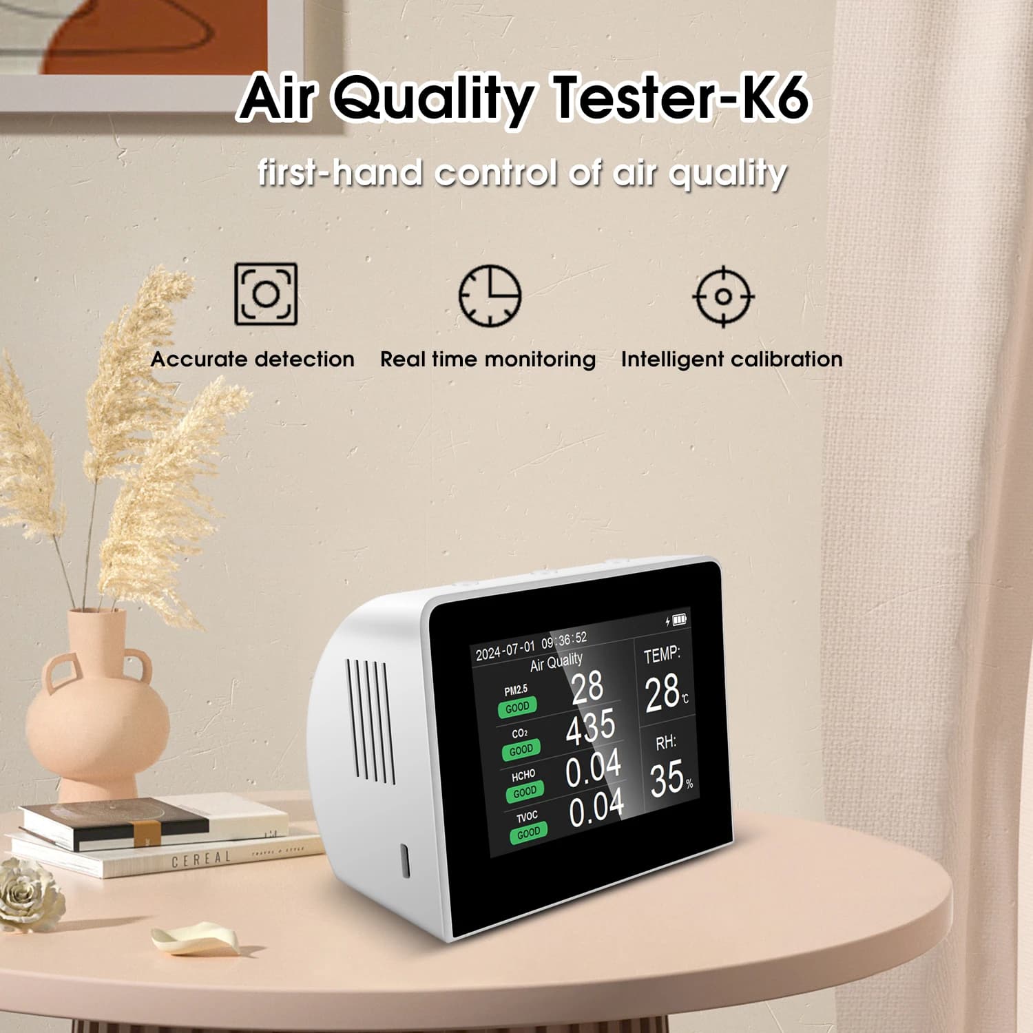 Détecteur de qualité de l'air K6-D CO2 PM2.5 Formaldéhyde TVOC Température Humidité permission