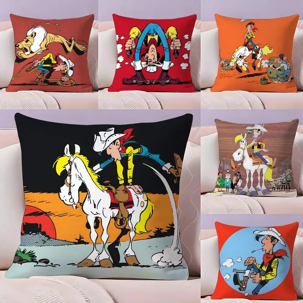 Housse de coussin réversible en peluche LUCKY LUKE CARTOON, taie d'oreiller décorative pour voiture, canapé, chambre à coucher, cadeau