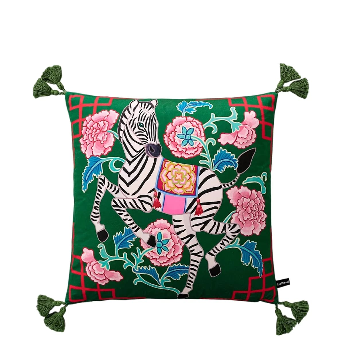 Housse de coussin Chinoiserie Zèbre avec pivoines asiatiques, taie d'oreiller décorative animaux mystiques de luxe avec pompons, en velours doux et mignon