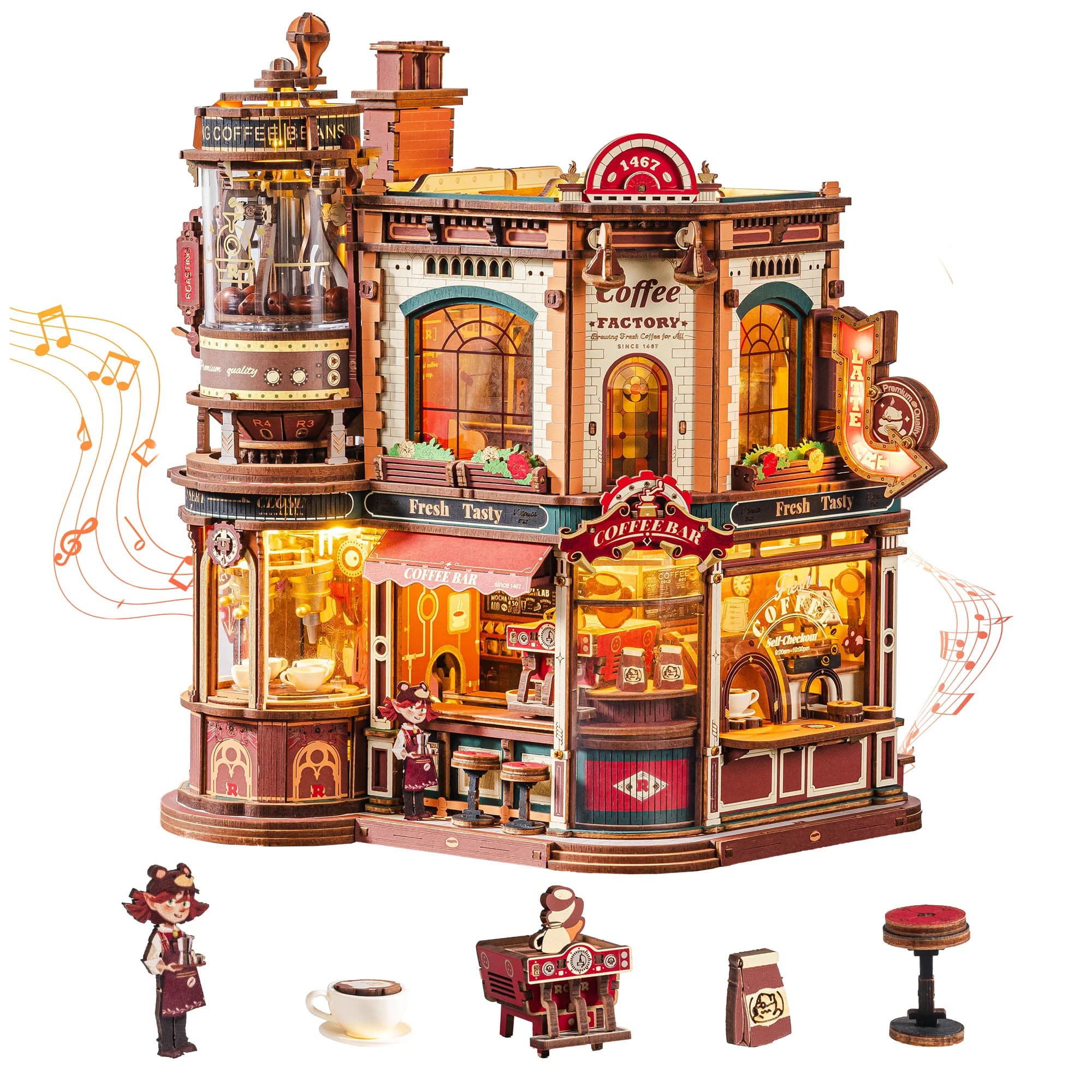 ROKR Dream Coffee Factory - Kits de maison miniature - Modèle de café en bois avec des pièces mobiles - Idée cadeau créative pour adultes - EAB02