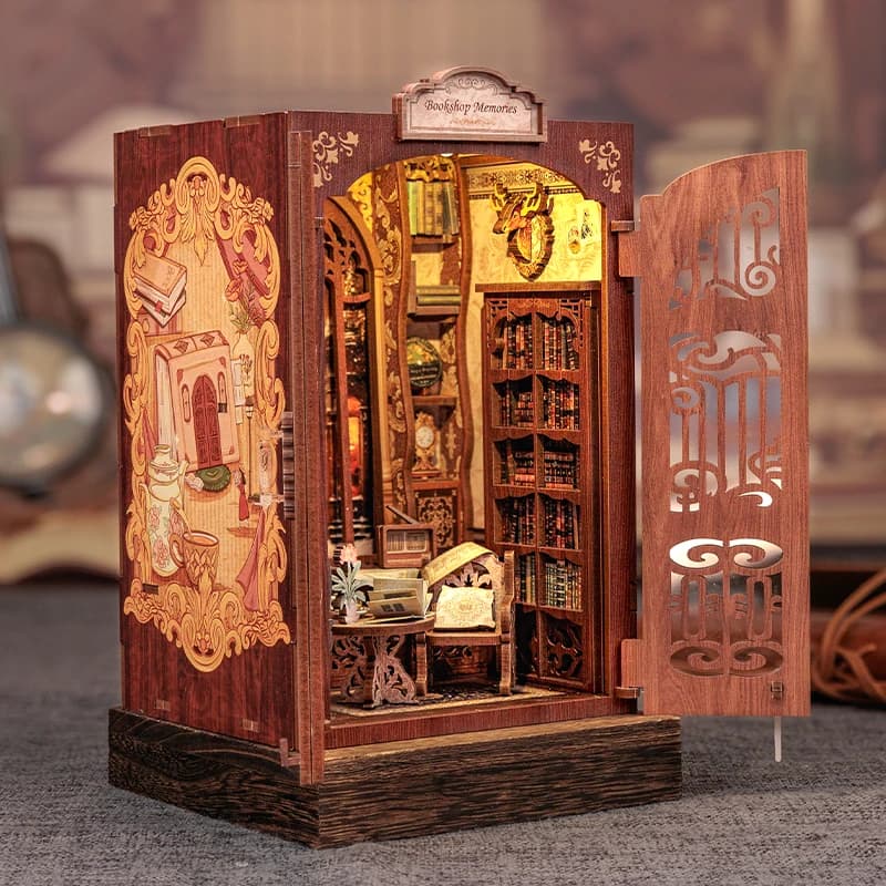 CUTEBEE Kit de coin de livre bricolage maison de poupée en bois Miniature avec étagère légère insérer modèle de décoration pour cadeaux souvenirs de librairie