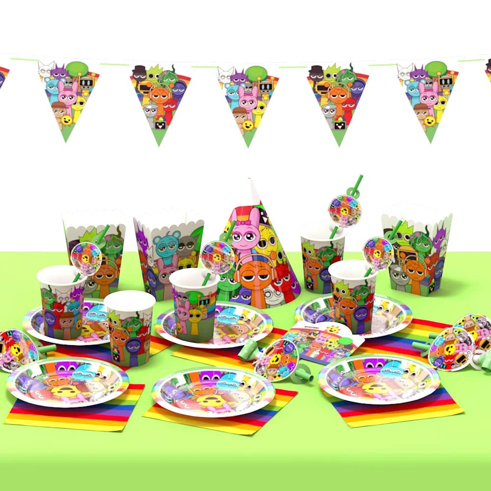 Kit de Décoration Thème Sprunki pour Anniversaire avec Vaisselle, Jeu Musical, Fournitures de Fête, Nappe, Assiettes, Ballons et Cadeaux pour Baby Shower