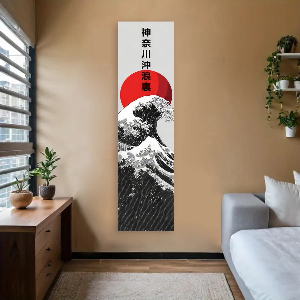 Décoration murale japonaise des vagues de l'océan, tapisserie rouge, soleil et vagues de l'océan, paysage esthétique, décoration murale suspendue pour la maison et la chambre