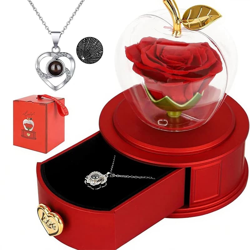 Boîte à roses véritable conservée en forme de pomme avec collier I Love You, cadeau de fleur éternelle pour l'amour éternel pour son anniversaire, jour d'anniversaire