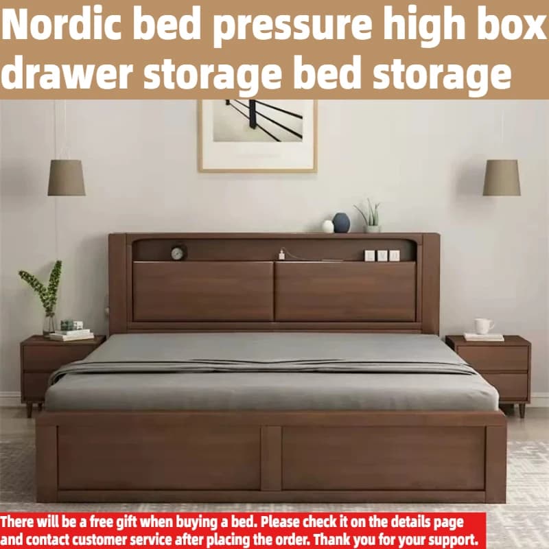 Lit double moderne nordique en bois massif avec rangement, taille King/Queen, pour chambre à coucher, avec tiroirs sous le lit et tête de lit avec rangement intégré