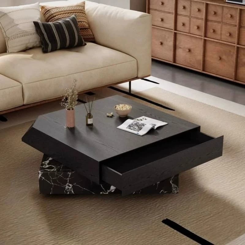 Table basse mobile pour salon, avec rangement, noire, en bois, irrégulière, Stolik Kawowy, meubles originaux