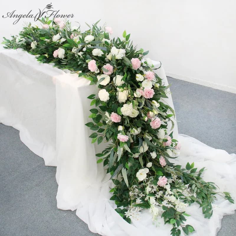 Fleur rangée feuille de saule, verdure, Rose, Arrangement, fleurs de Table, coureur de bande, décor de toile de fond de mariage, fête étage Floral