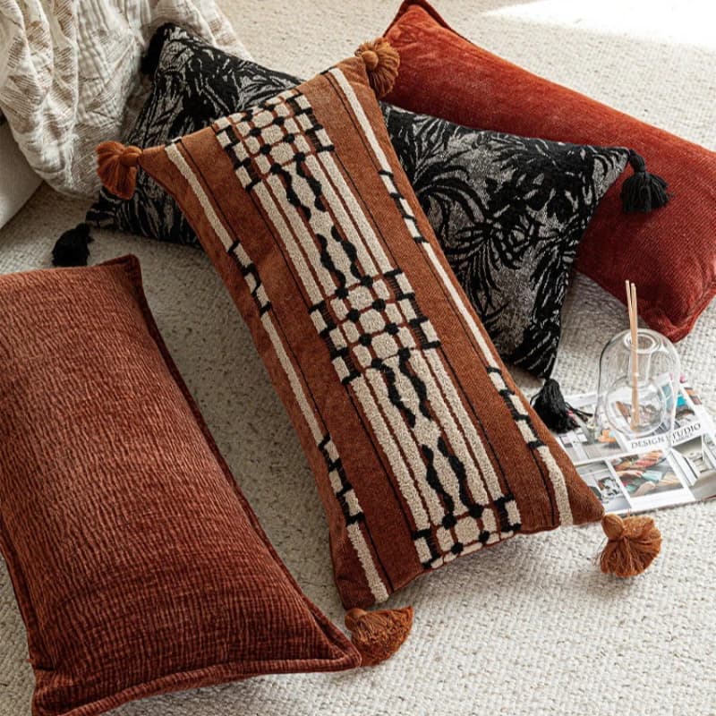 Housse de coussin lombaire ethnique marocaine 30x65cm, style bohème vintage brodé avec pompons, pour décoration de canapé