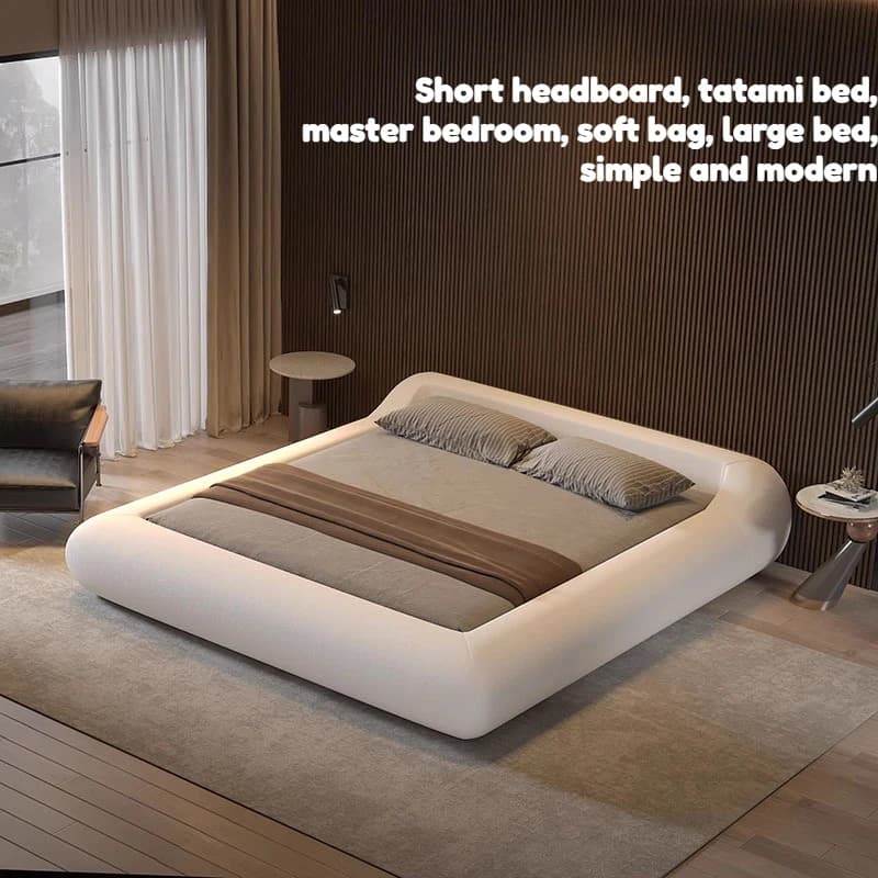 Cadre de lit Queen Size blanc avec tête de lit minimaliste, lit de repos, tables de chevet modernes, accessoires de maison rembourrés de luxe