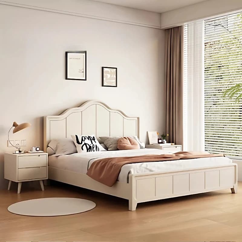 Lit blanc élégant, cadre minimaliste au design unique, lit de luxe crème, style lounge français, avec tête de lit et sommier intégré, pour chambre à coucher, mobilier de chambre.