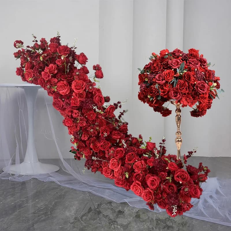 Chemin de fleurs pour décor de toile de fond de mariage rouge, chemin de fleurs au sol, centres de table rigour, boule, bande florale rose blanche, accessoires de fête de Gand