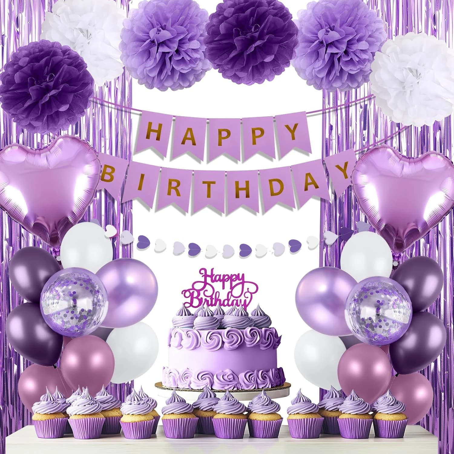 Ensemble de décoration d'anniversaire violet : bannière, ballons, rideaux à franges, pompons et guirlande de ballons en forme de cœur pour les fêtes de femmes et de filles