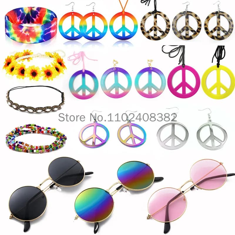 Accessoires de Cosplay Hippie pour femmes, accessoires de fête d'halloween, bandeau marguerite, lunettes de soleil, collier de paix, vêtements personnalisés Hippie, années 70 et 80