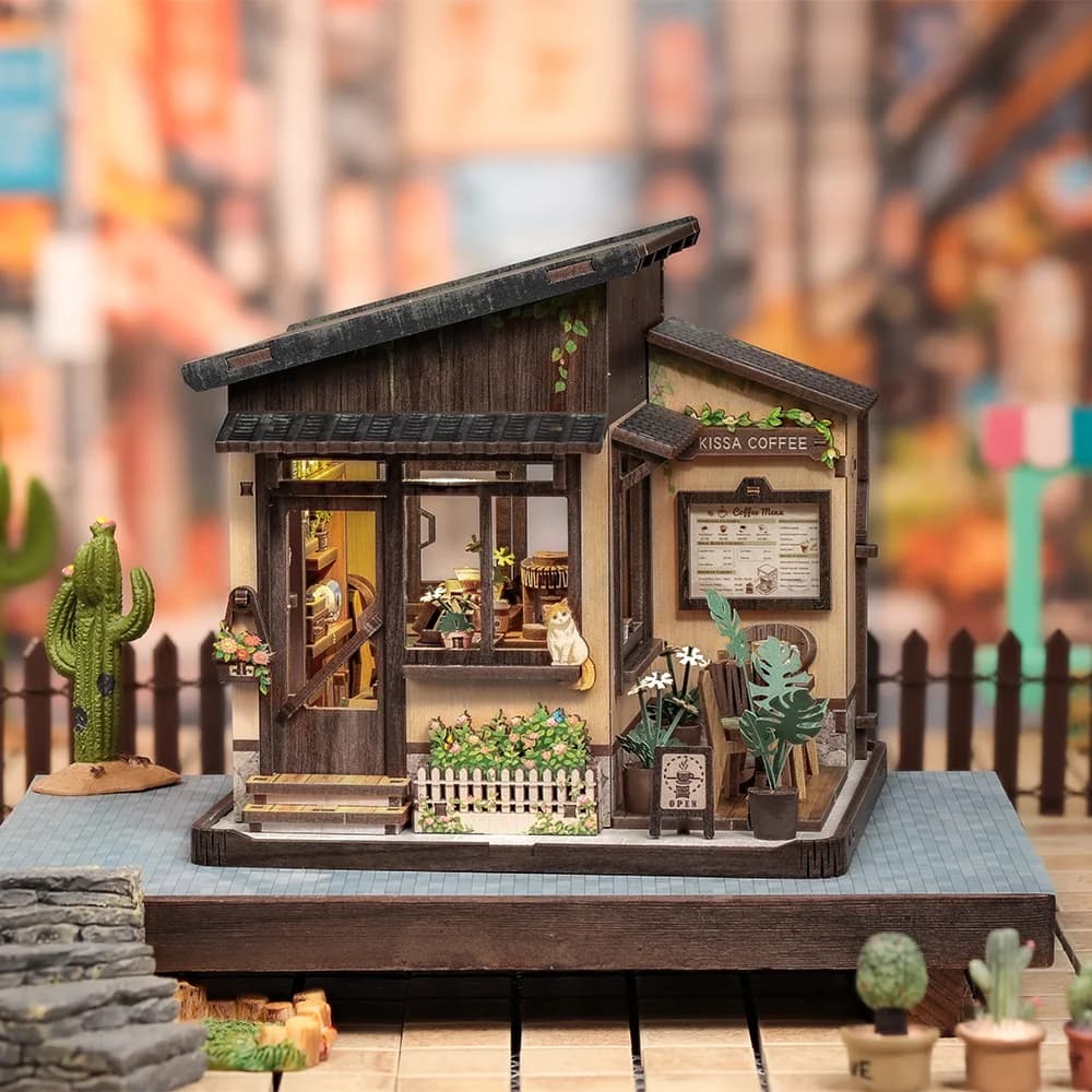 CUTEBEE Kissa Coffee Book Nook Kit, puzzle en bois 3D, maison de poupée avec lumière LED, modèle de maison miniature à monter soi-même