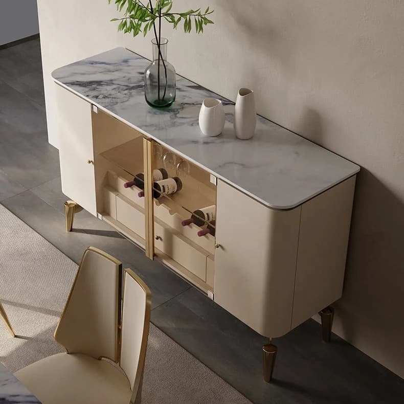 Meuble de rangement de luxe moderne pour salle à manger, bar, buffet, avec plateau en marbre blanc et pieds dorés