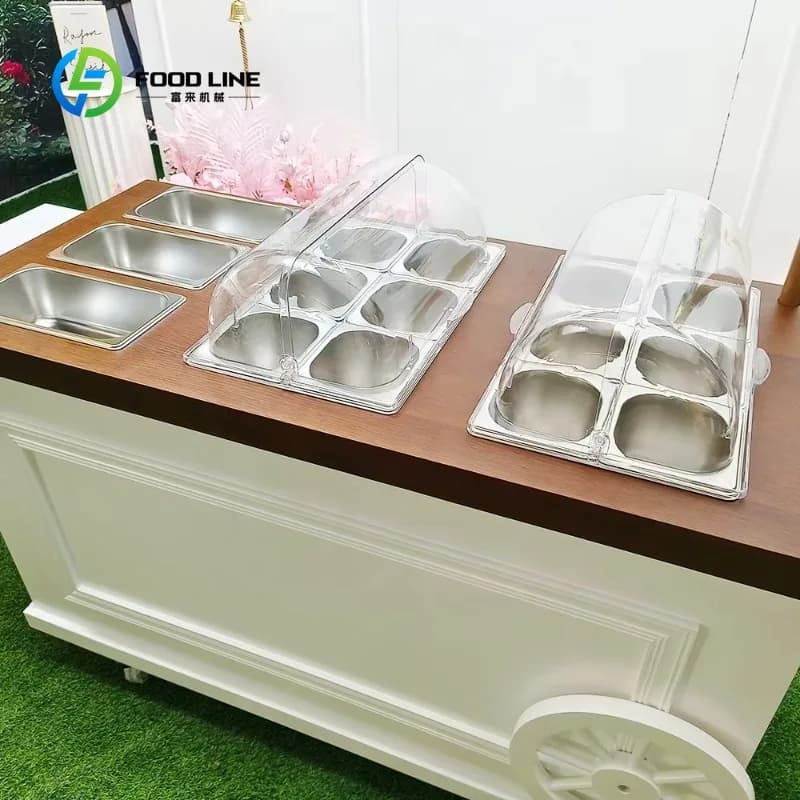 Chariot à bonbons pliable personnalisé en bois, chariot alimentaire mobile pour restaurant, restauration rapide, extérieur