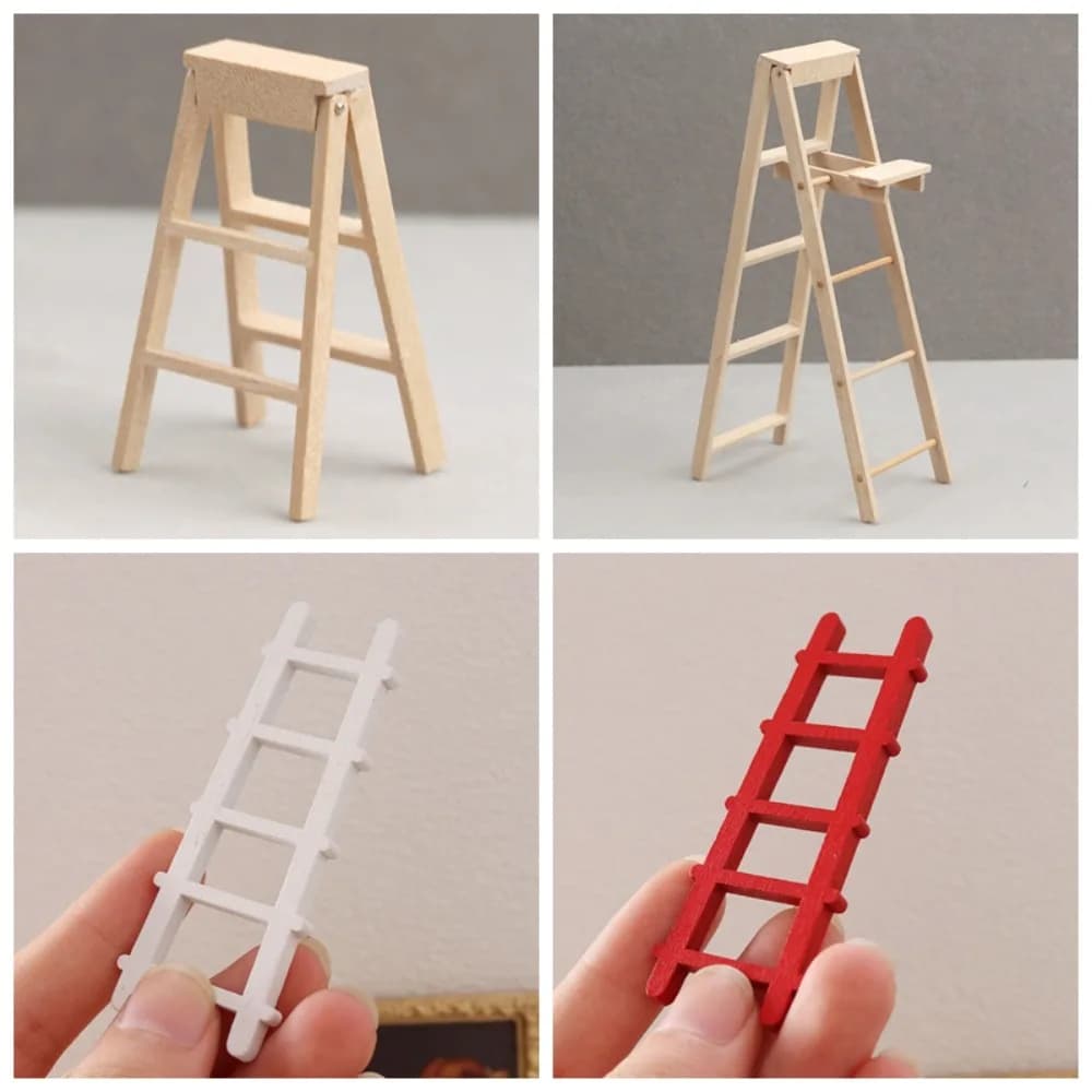 Modèle Miniature échelle en bois maison de poupée maison de poupée en bois bricolage maison de poupée Mini échelle rouge blanc créatif Figurine escaliers